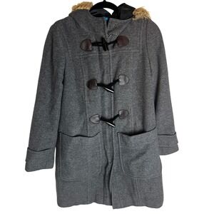 Boden Grey Wool Blend Toggle Coat Faux Fur Hood Women US 4 UK 8